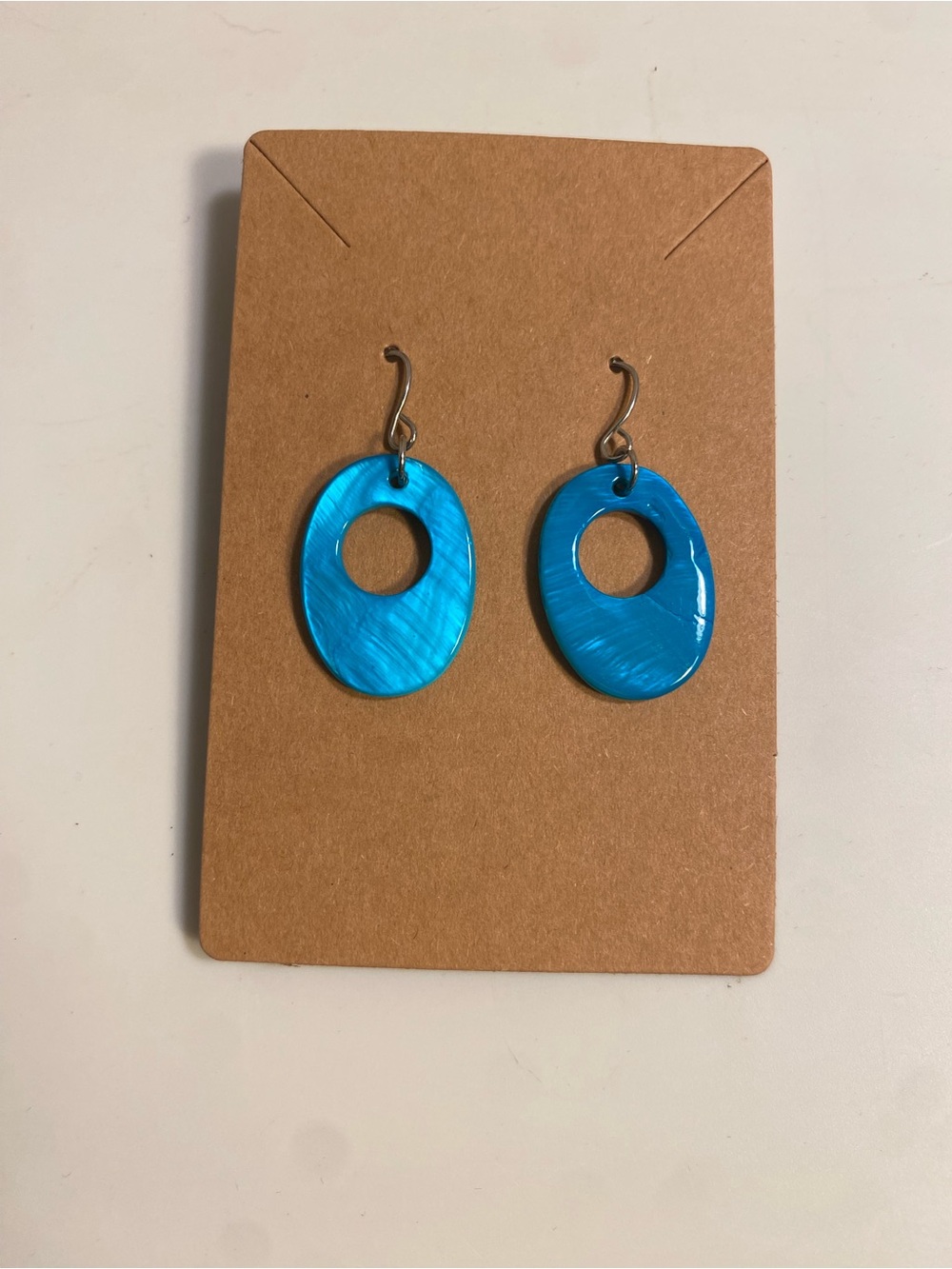 NWT Aqua Blue Iridescent Oval Cutout Dangle Earrings Lightweight Boho